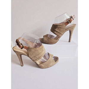 J Crew Suede Leather Buckle Strappy High Heels Open Peep Toe Shoes Italy Taupe 9